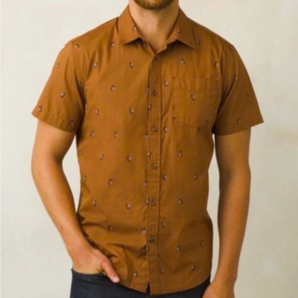 Men’s Prana Carabiner Brown Organic Cotton Button Up Shirt Hiking Size Small